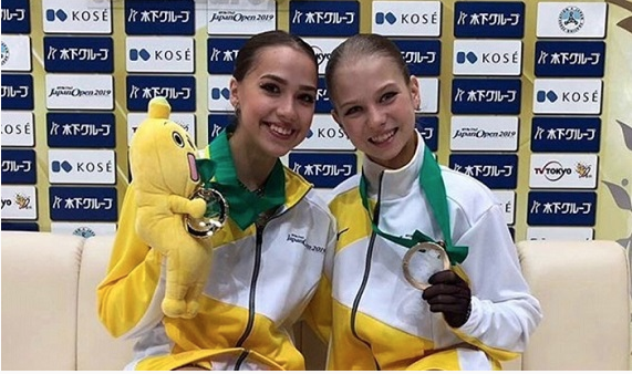 Alina Zagitova (L) and Alexandra Trusova led their Team Europe to victory in the Japan Open, where Trusova’s quads made her untouchable. (Russian Figure Skating Federation photo.)