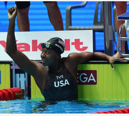 Simone Manuel after anchoring U.S. medley relay to world title and record.