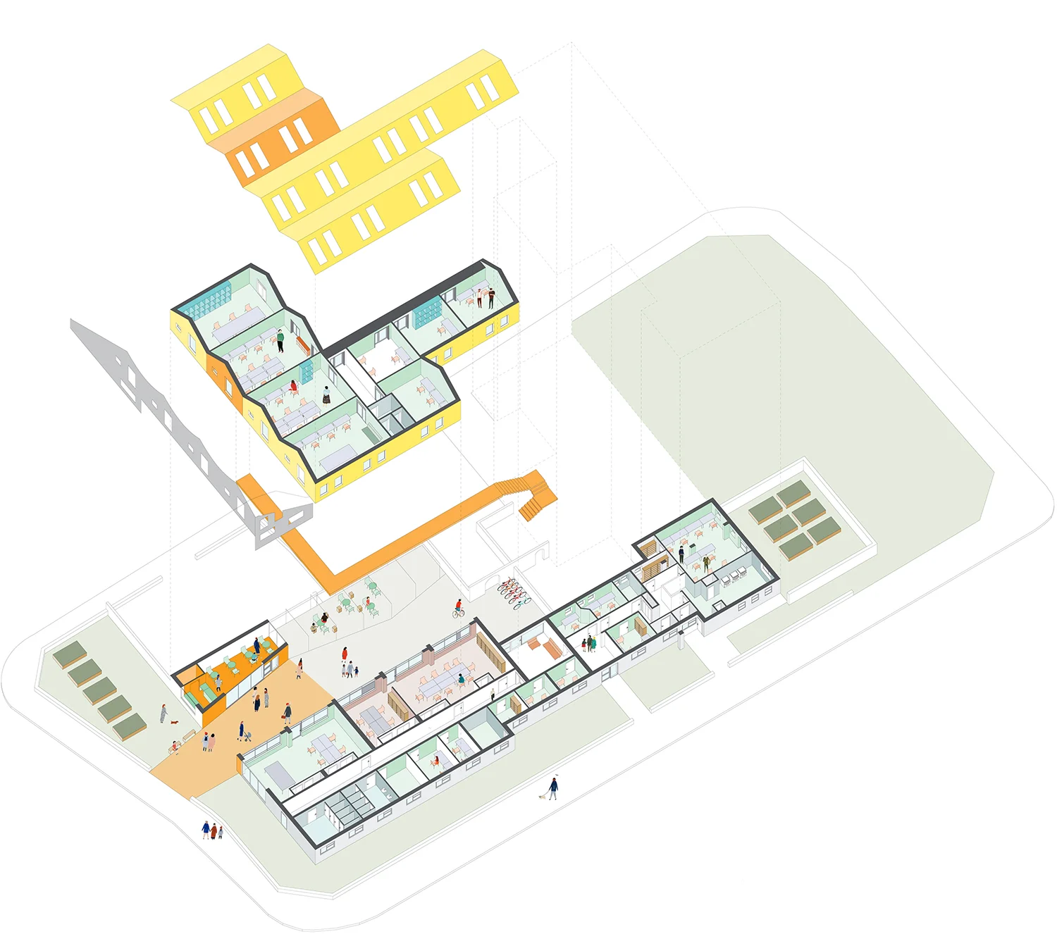 alma-nac, Co-working and community space, Southwark, London, 2017-2018. Proposed scheme for activating a disused, local authority-owned building at the base of a housing block to provide a community workspace hub.
