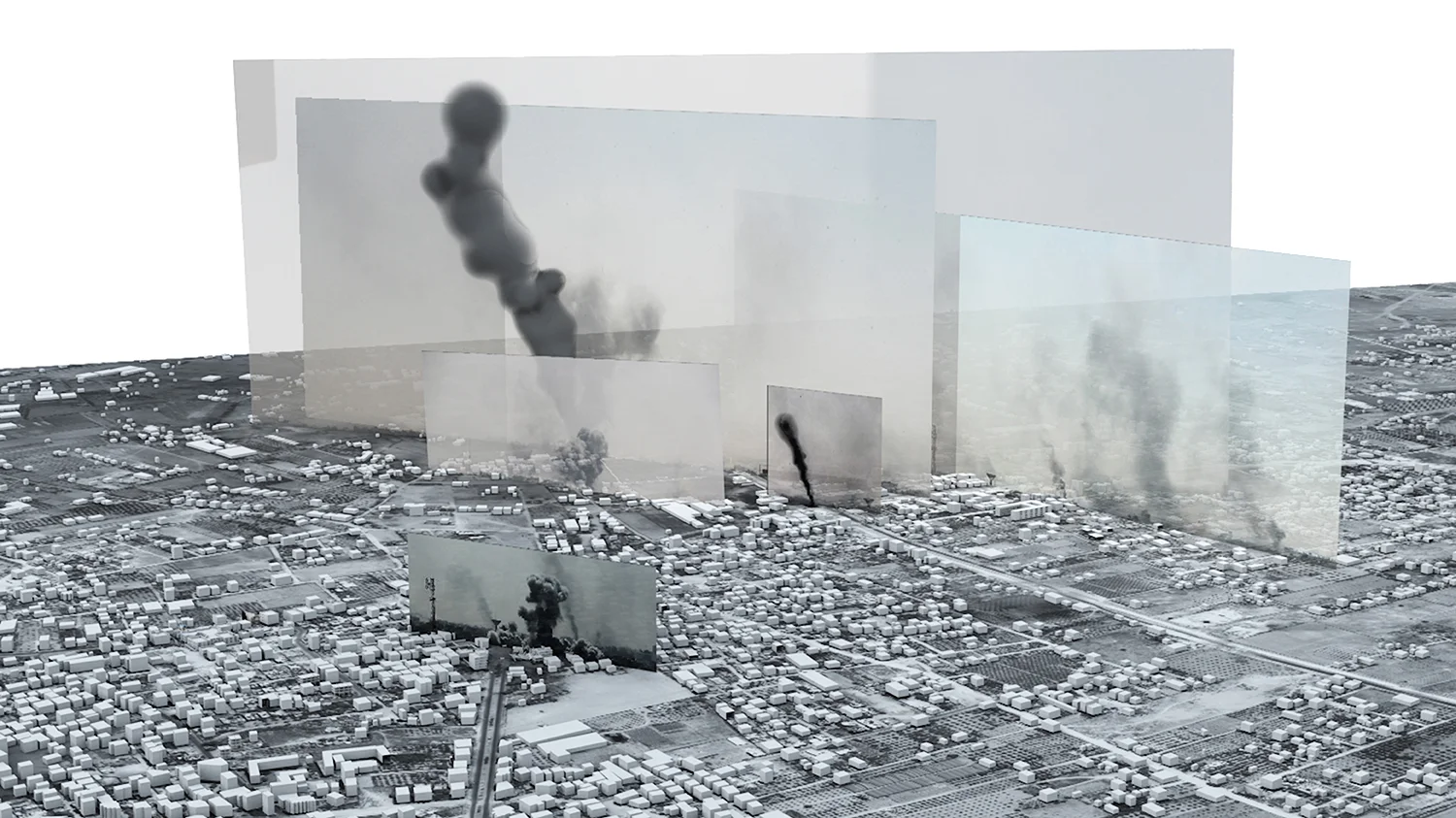 Forensic Architecture, Rafah: Black Friday, 1-4 August, 2014. Working in the crossover between architecture, politics and law, Forensic Architecture draw on input from wide range of collaborators to create spatial evidence rather than buildings. This 'Image-Complex' illustrates how 3D models provide an optical device and a means of composing the relation between multiple images and videos in space and time (image credit: Forensic Architecture, 2015).