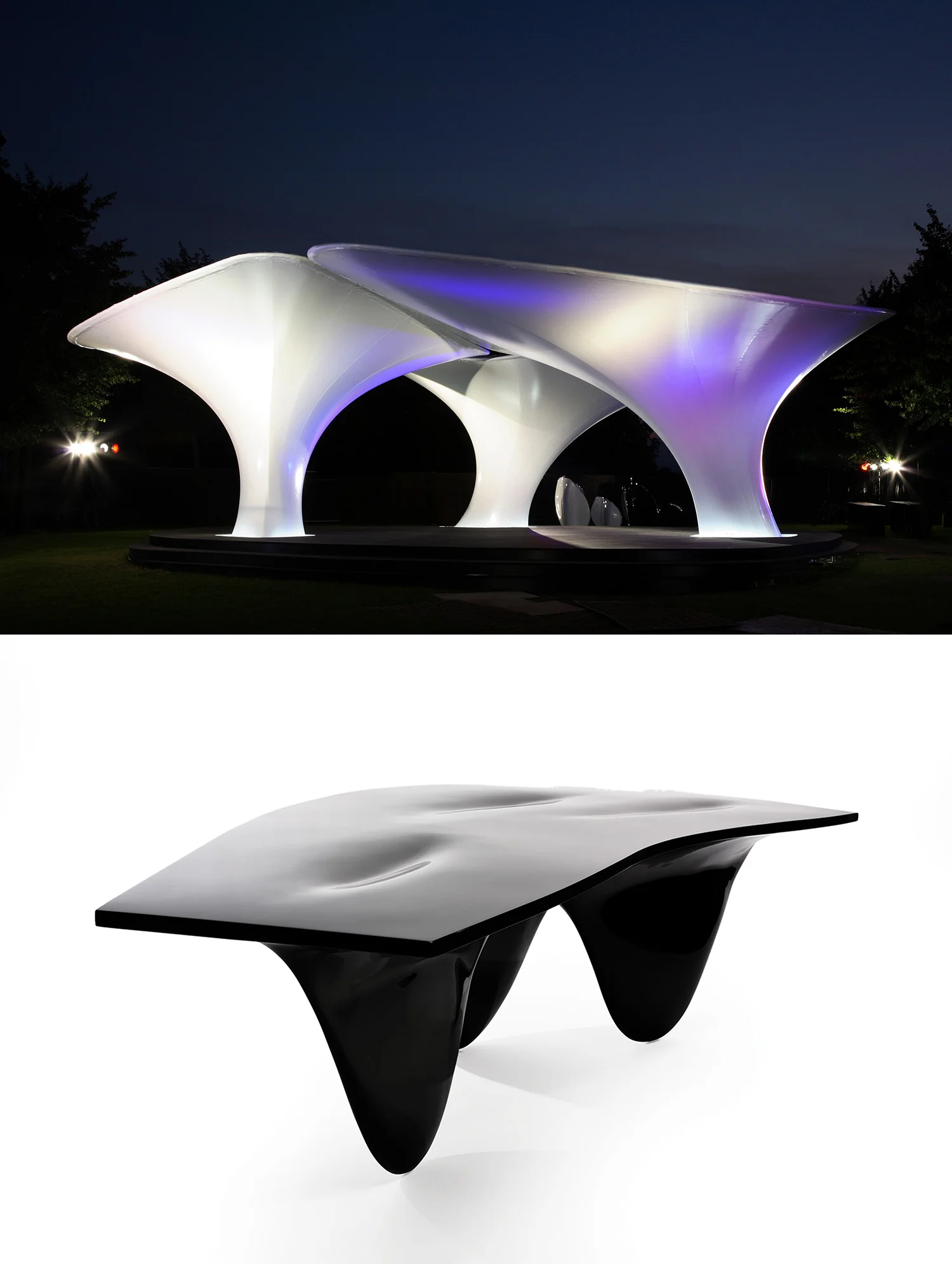 Zaha Hadid, Pavilion/Aqua Table, 2005. When a Zaha table looks just like a Zaha building, then you know you are in some kind of trouble — a visual comparison made by Jeremy Till in his 'Beyond the Fountainhead' lecture, indicating how some of the current values of contemporary architecture are so close to pure shape making as to be indistinguishable form that of furniture design (image credit: Peter Guenzel; Luke Hayes).
