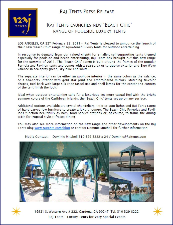 Raj Tents Beach Chic Press Release 02.22.2011