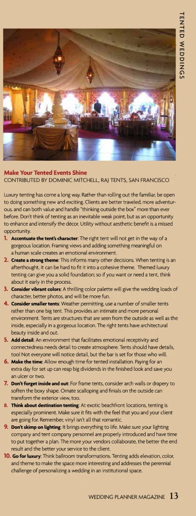Dominic Mitchell tips on 'Make your Tented Event Shine' Wedding Planner Magazine May 2014