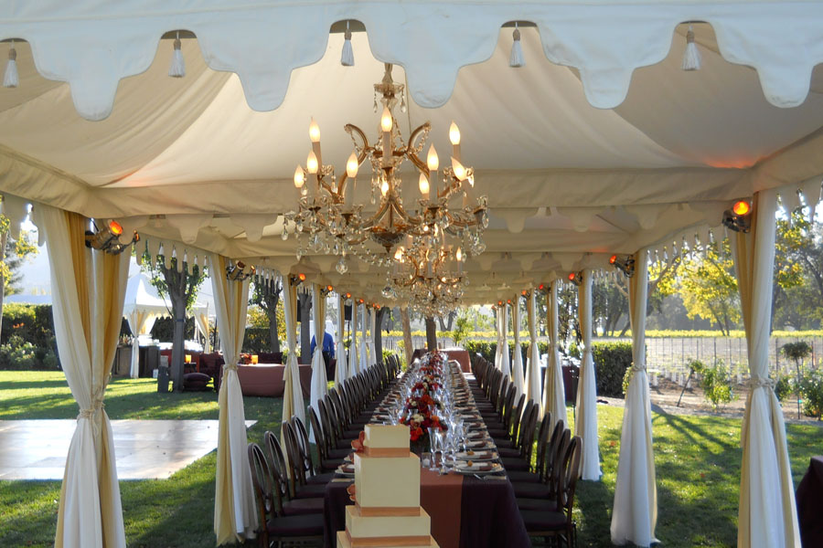 Plain Cream Pergola long dining tent with crystal chandeliers.jpg