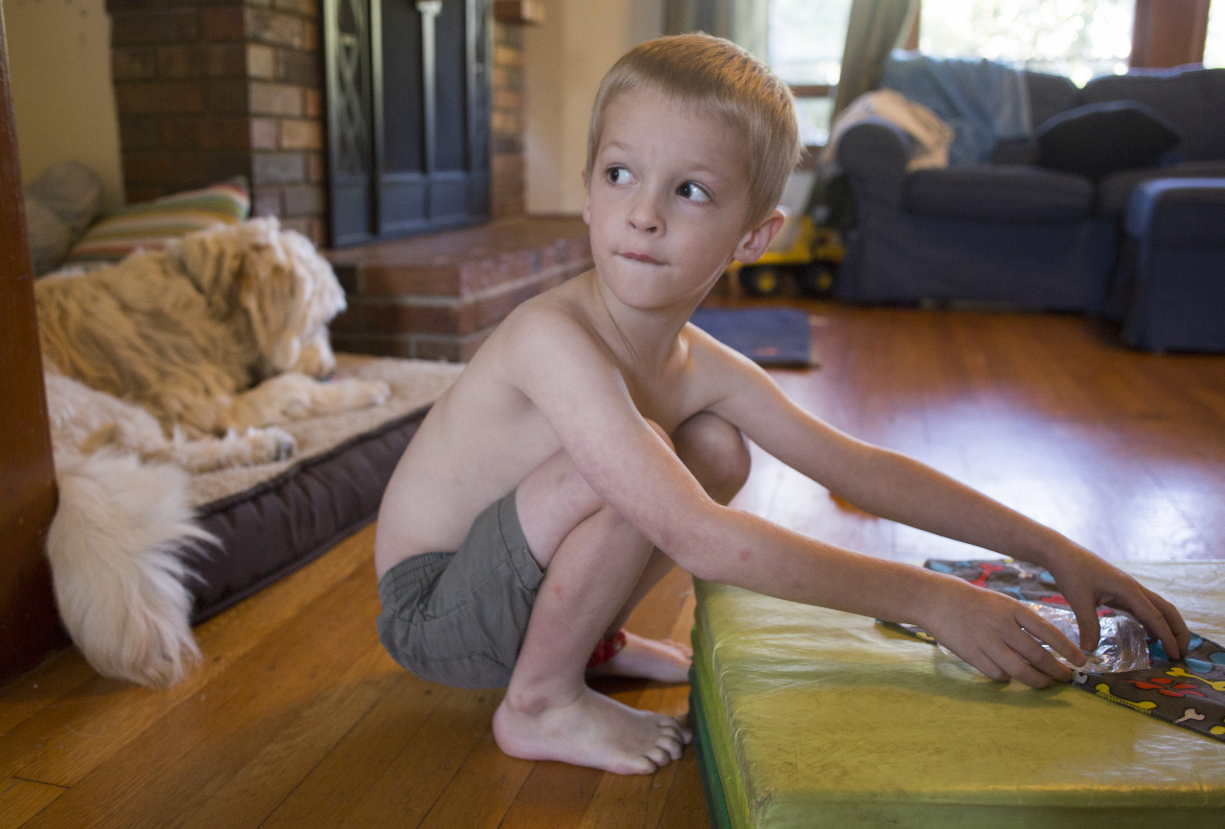  Josiah plays in the family room while Spad lays on his dog bed. The two are often in the same room together while doing separate activities. Josiah’s parents agree that while it may not always be obvious, Spad’s presence has had a positive effect on