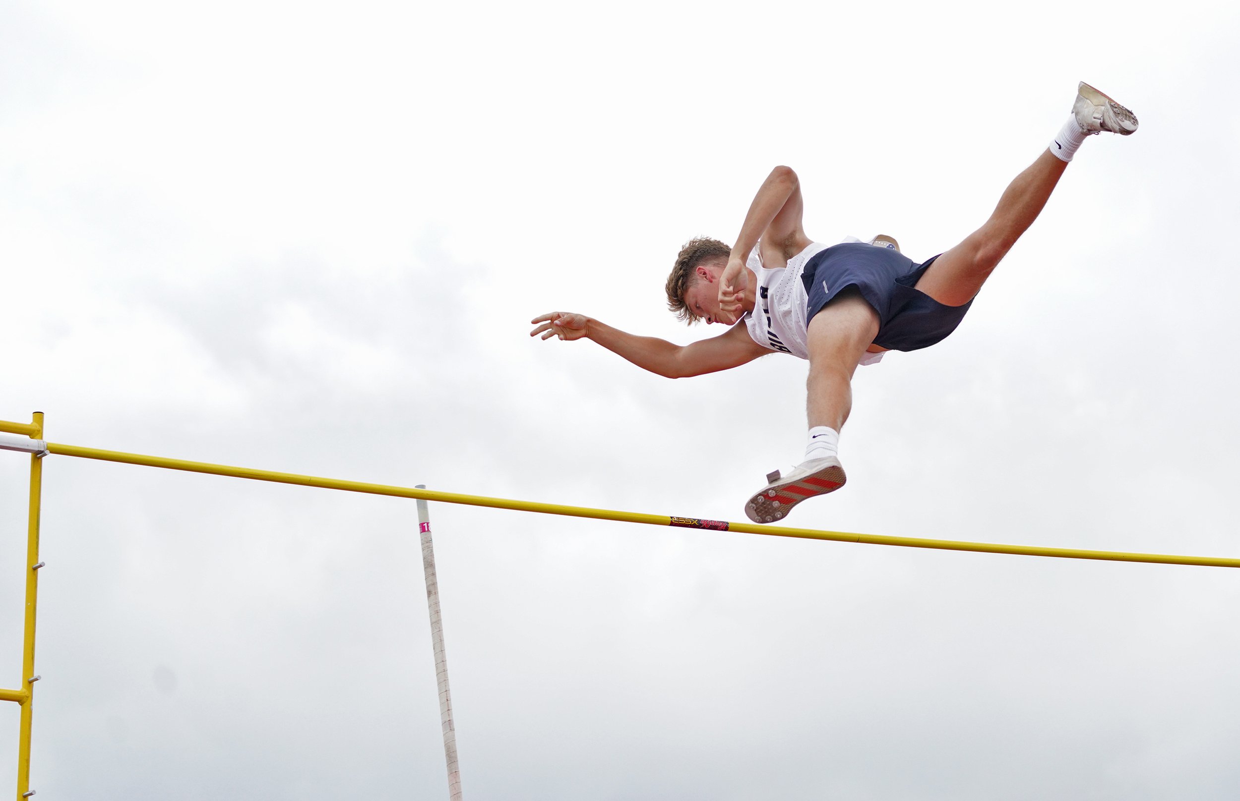  Butler’s Tristan McGarrah competes in the 3A boys pole vault during the PIAA track and field championship on Friday, May 27, 2022, at Shippensburg University.  (Emily Matthews/Post-Gazette)  