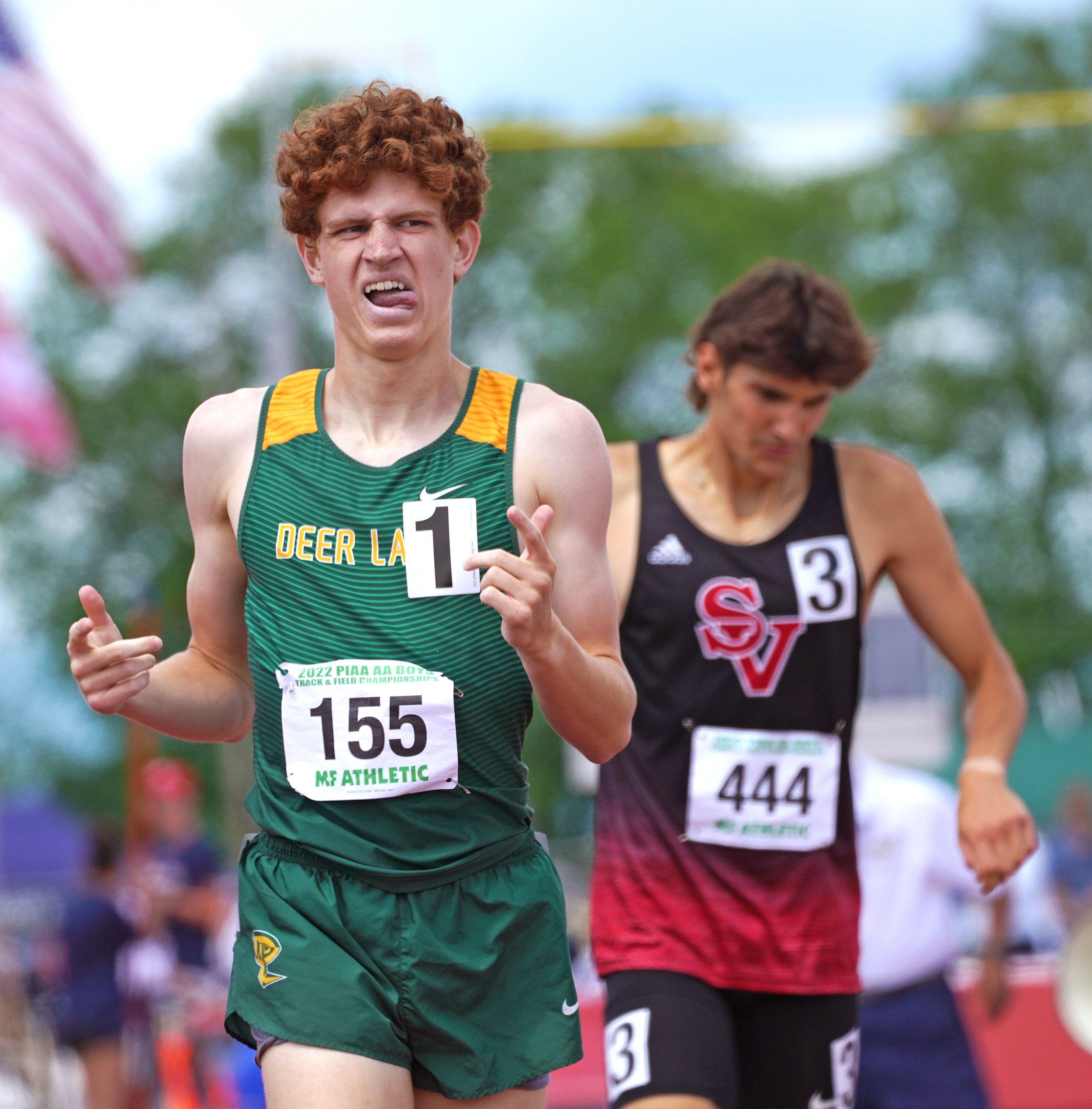  Deer Lakes’ Carson McCoy reacts after finishing first in the 2A boys 800 during the PIAA track and field championship on Saturday, May 28, 2022, at Shippensburg University.  (Emily Matthews/Post-Gazette)  