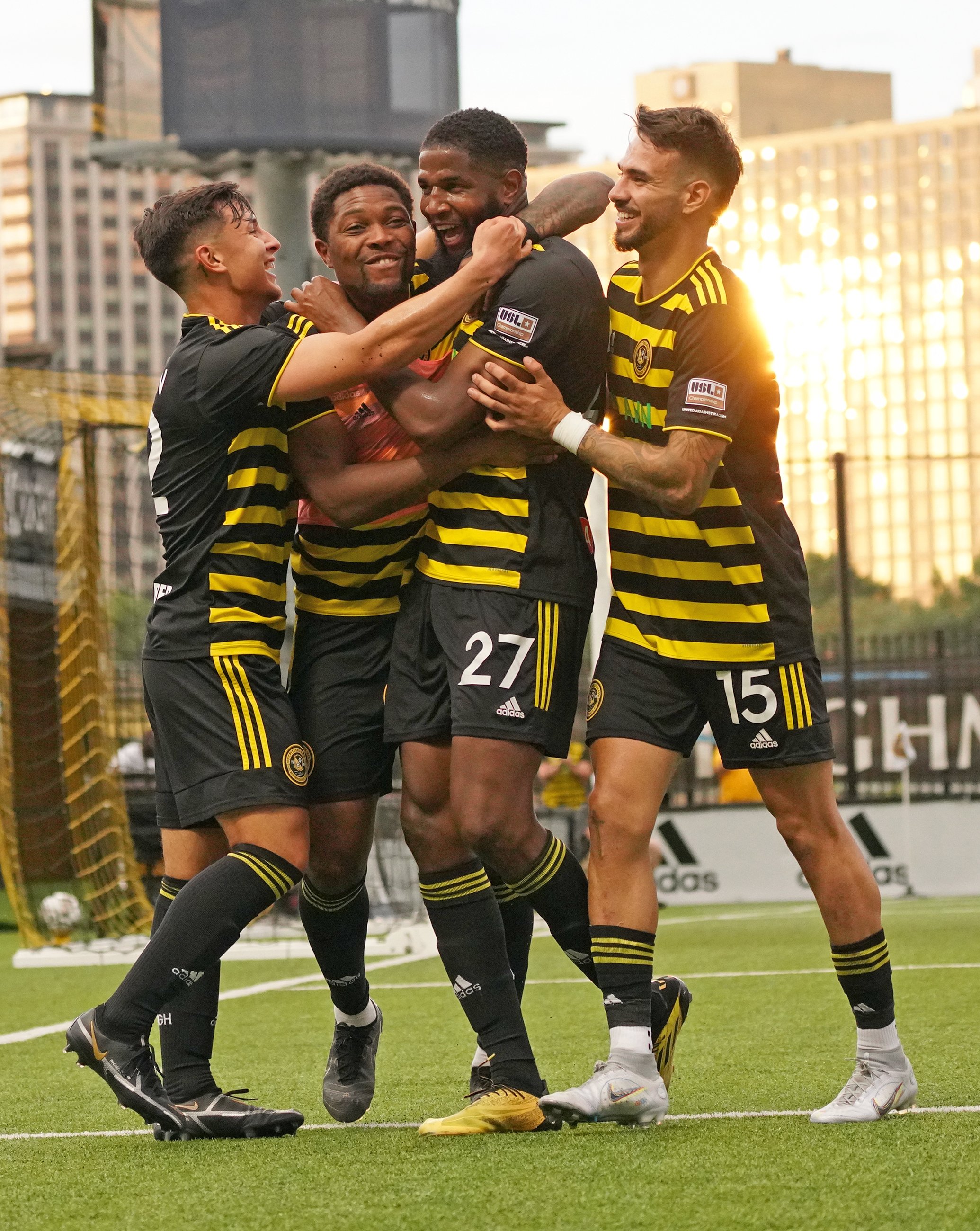  The Riverhounds’ Jelani Peters (27) celebrates with his team after scoring his second, team’s third, goal of the game against Miami FC on Saturday, July 9, 2022, at Highmark Stadium in Pittsburgh’s Station Square. The Riverhounds won 4-1. (Emily Mat