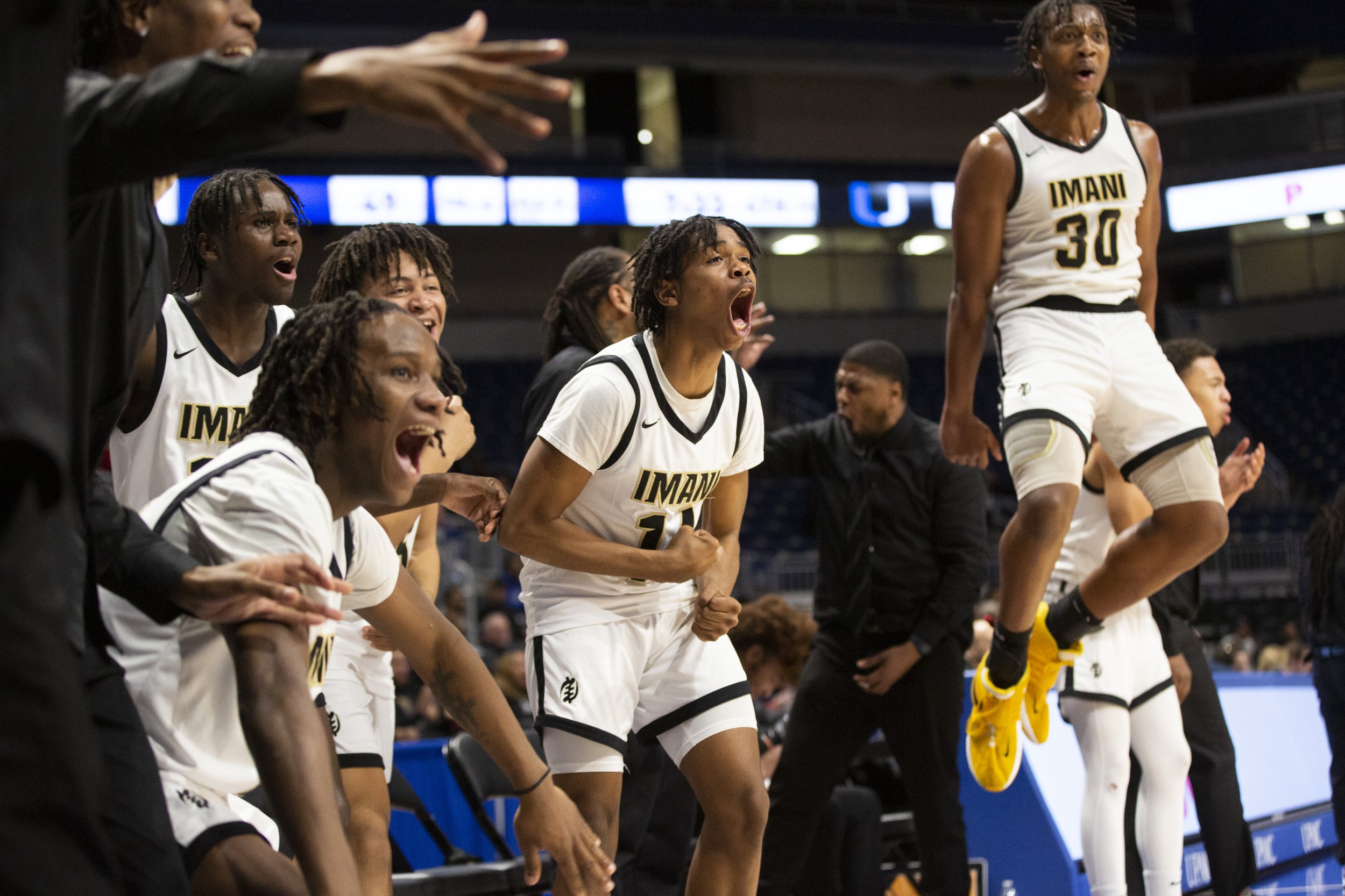  Imani Christian celebrates after scoring against Union during the WPIAL 1A boys' championship on Thursday, March 2, 2023, at Petersen Events Center. Imani Christian won 64-41. (Emily Matthews/Pittsburgh Union Progress) 