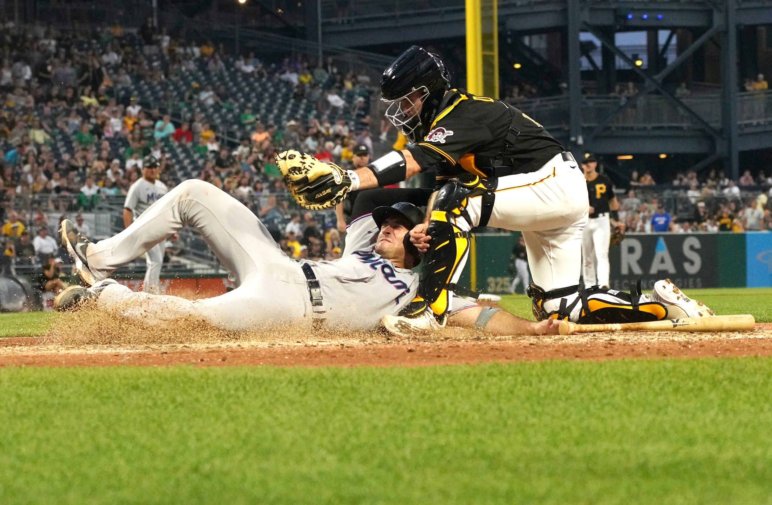  Pirates’ Jason Delay tags Marlins’ Nick Fortes at home on Friday, July 22, 2022, at PNC Park. Fortes was initially called out, but after review, the call was overturned due to Delay blocking the plate. Fortes’ run advanced the Marlins’ lead 7-1 in t