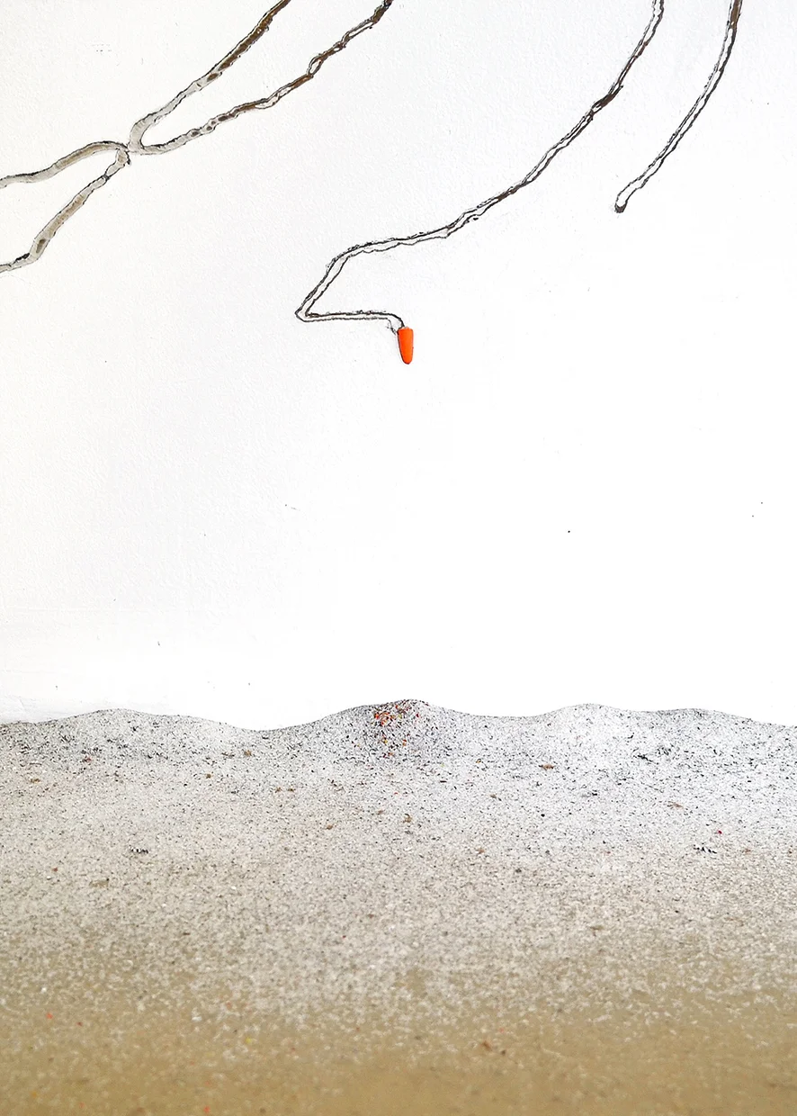 Salt Passing (detail) , installation on drywall, earplugs, MSG, 72 x 84 x 24 inches.