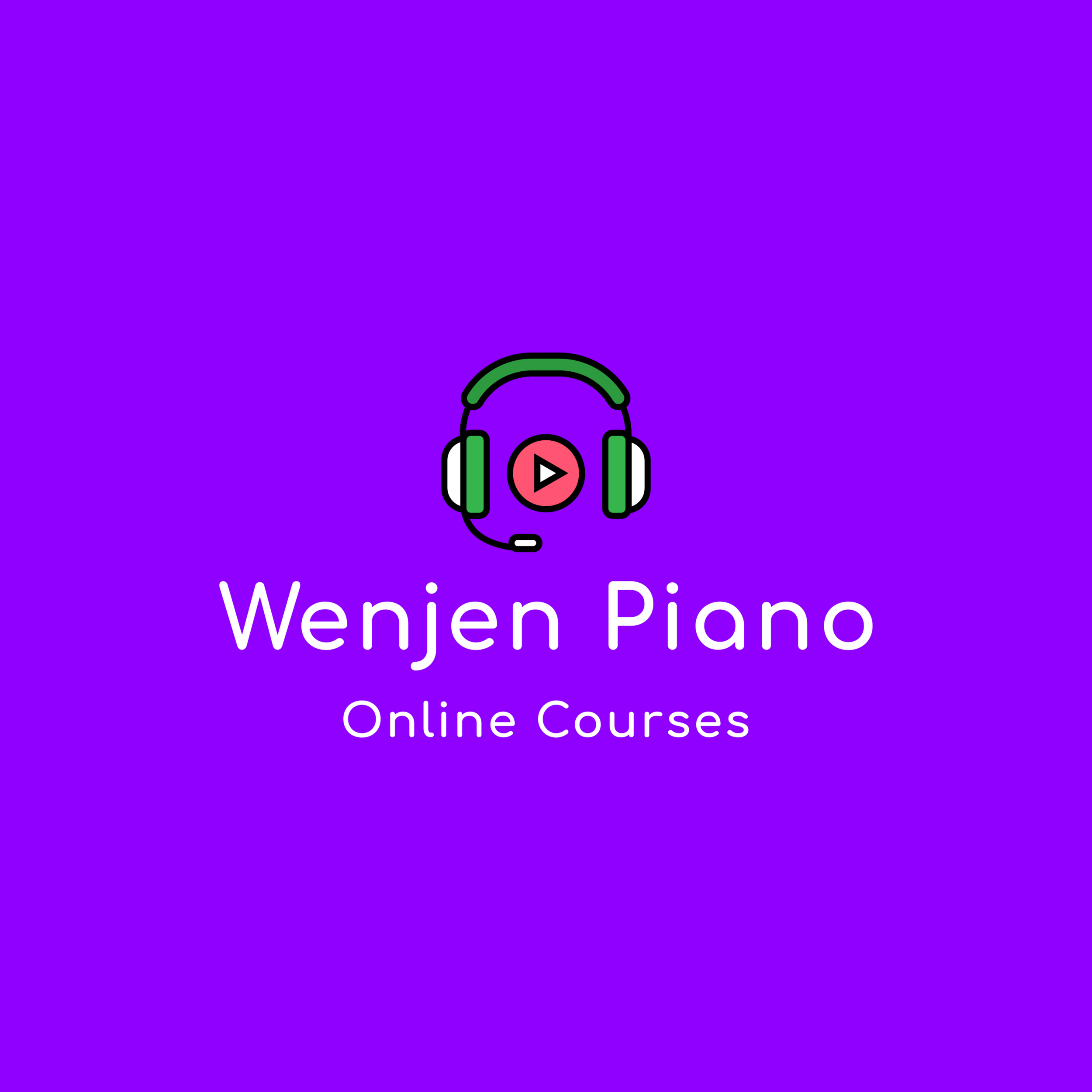 Logo for Wenjen Piano Online Courses featuring a colorful headset with a play button at the center, on a gradient purple background.