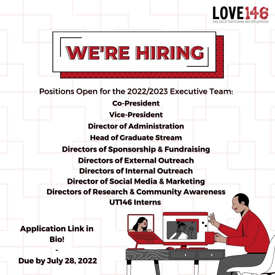 🚨Applications are open for the 2022/23 UT146 executive team! 🚨

Join us in our mission to end child trafficking and exploitation. You can make a difference. 

Application form linked in bio, please submit before July 28.