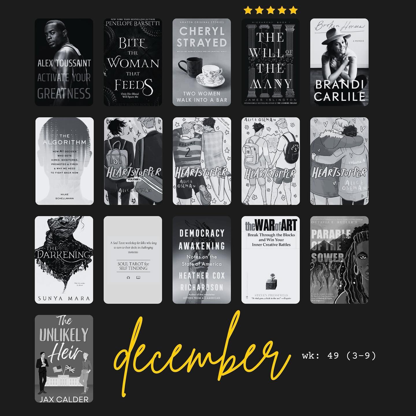 Week 49 is here - only three weeks left in 2023, which is honestly WILD to me. Here is a recap on what I read this week. I finished 16 books this past week, which brings December&rsquo;s total reads to 24. As always these are as rated in my spreadshe