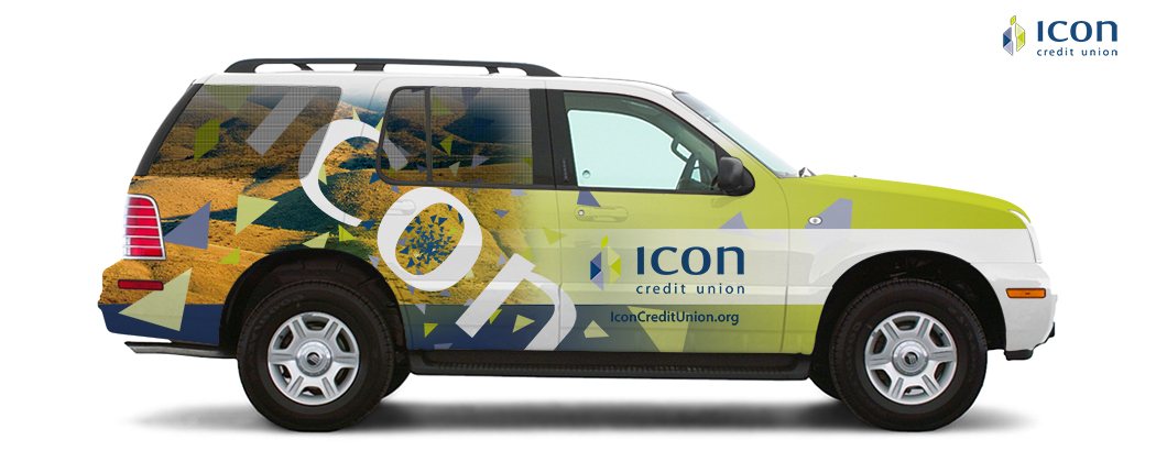 Vehicle wrap - Icon Credit Union Vehicle graphic designed to work with printed and web collateral.