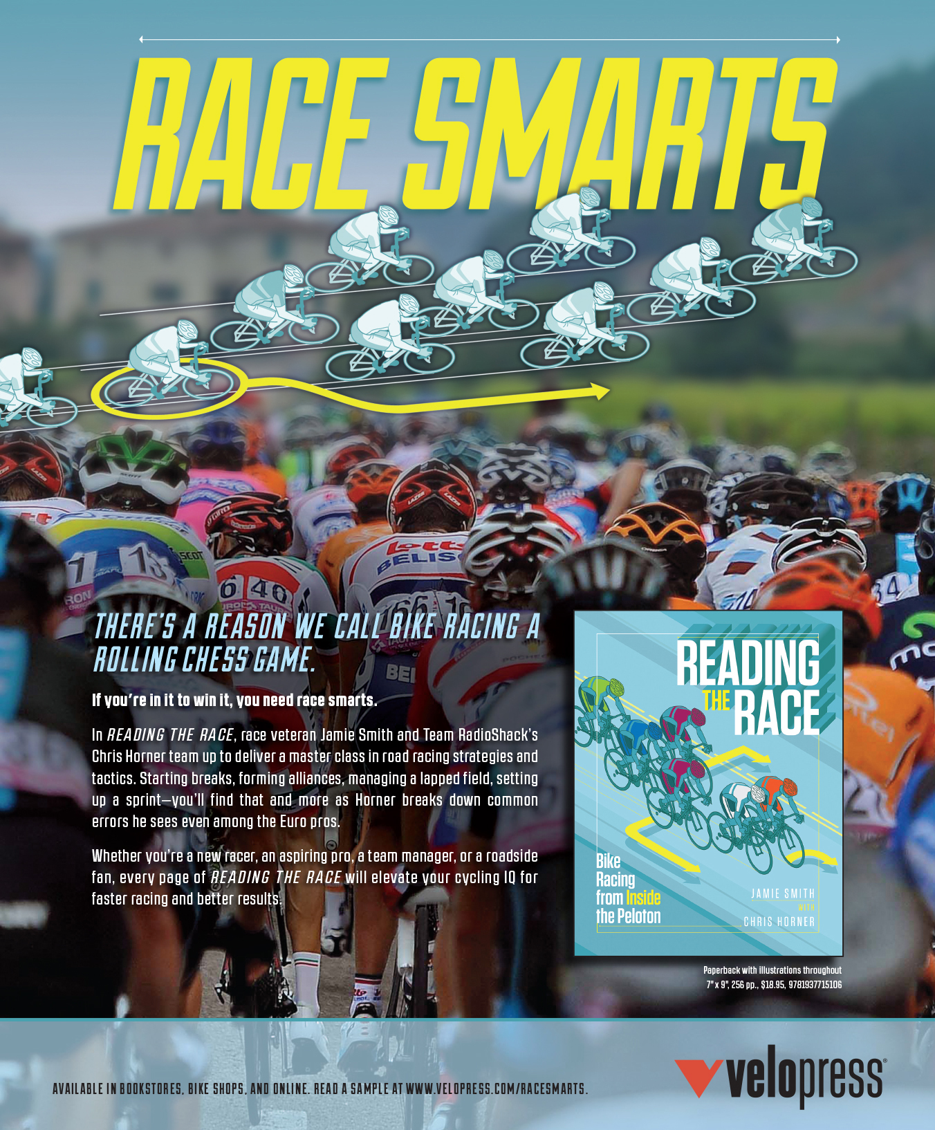 Full page ad - Reading the Race book Ad campaign designed to promote book published by VeloPress.