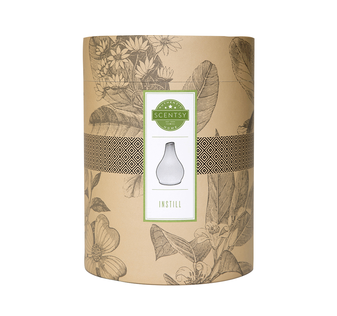 Packaging design - Scentsy diffuser Cylindrical package designed to appeal to a new market for Scentsy — Oil diffusing. The kraft paper warp and botanical pattern offers a fresh, natural product for fragrance delivery.