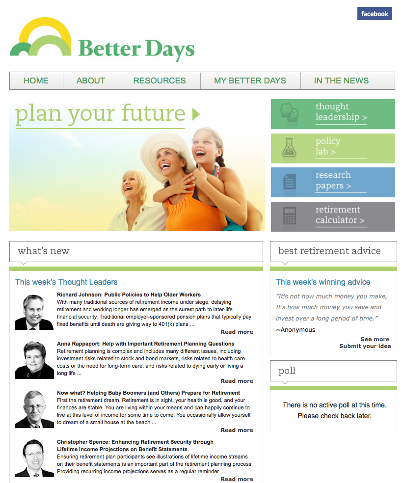 Website design - My Better Days.org Website developed for AARP via Civic Enterprise, in the Washington DC area. Link