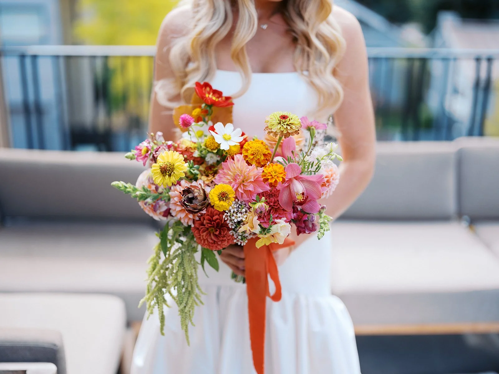 Colorful bridal bouquet at an Aspen fall wedding