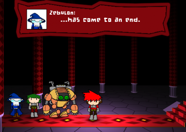 Our hero stands with his loyal party.