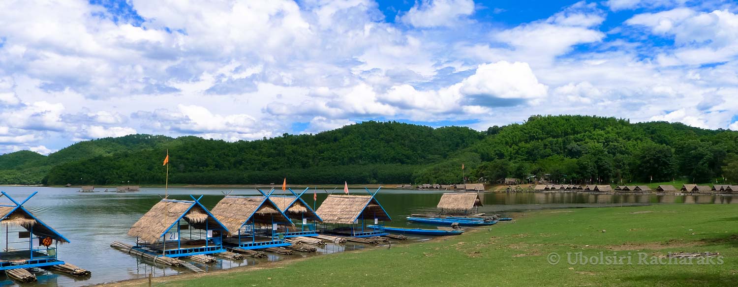 Huai Krathing Reservoir from the shore with floating rafts