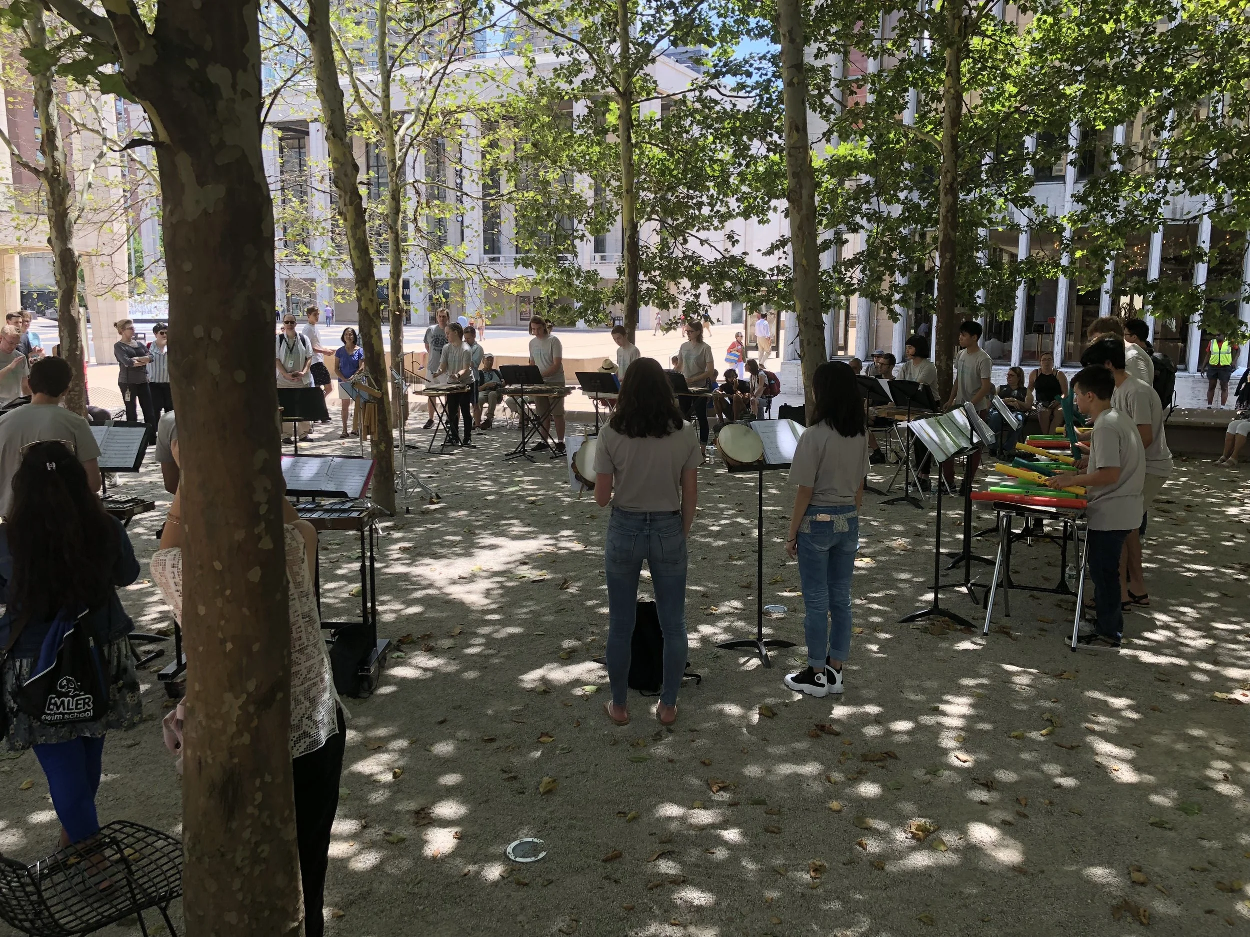 The 2018 Juilliard Summer Percussion Seminar performing Broad Reach on Lincoln Center Plaza, 20 July 2018.