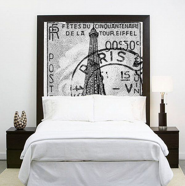 Poster headboard "framed" in black tape. Homedit.com