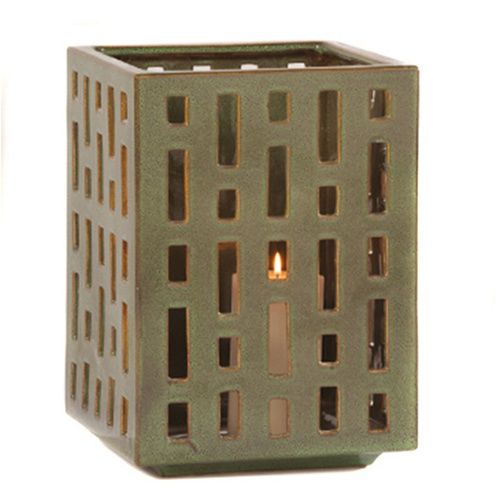 Ceramic garden lantern via Hayneedle . More texture than a simple hurricane lantern.