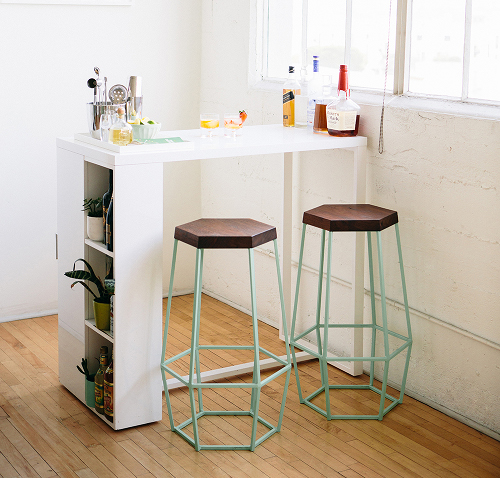 Light but Sturdy Hexagonal Stools easily tuck under counter. via haytherehome.com