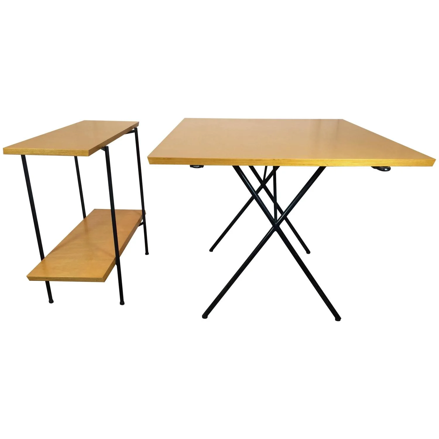 A extendable dining table and folding server . Designed by Tony Paul in the 1950s, the shelves of the server are the extra leaves for the dining table. The server folds when not in use.