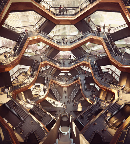 Rendering for the interior of "The Vessel", a proposed centerpiece structure for the public plaza, via Fortune .