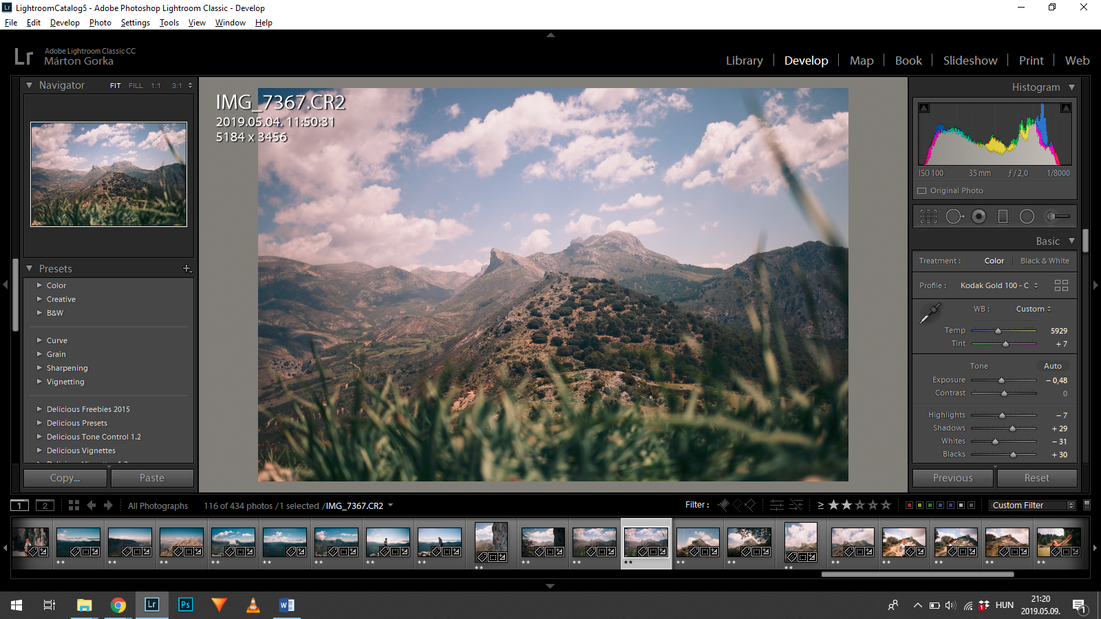 My LR workflow in a nutshell: culling – preset – adjust WB, tint, crop, exposure (see basics tab on the right) – extra edits if needed – export