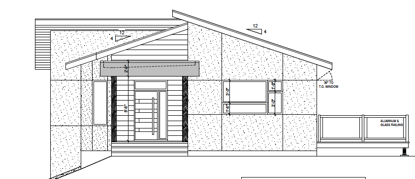 West elevation: walkout basement on the left side, ground-level access for main floor living areas on the right (with deck)