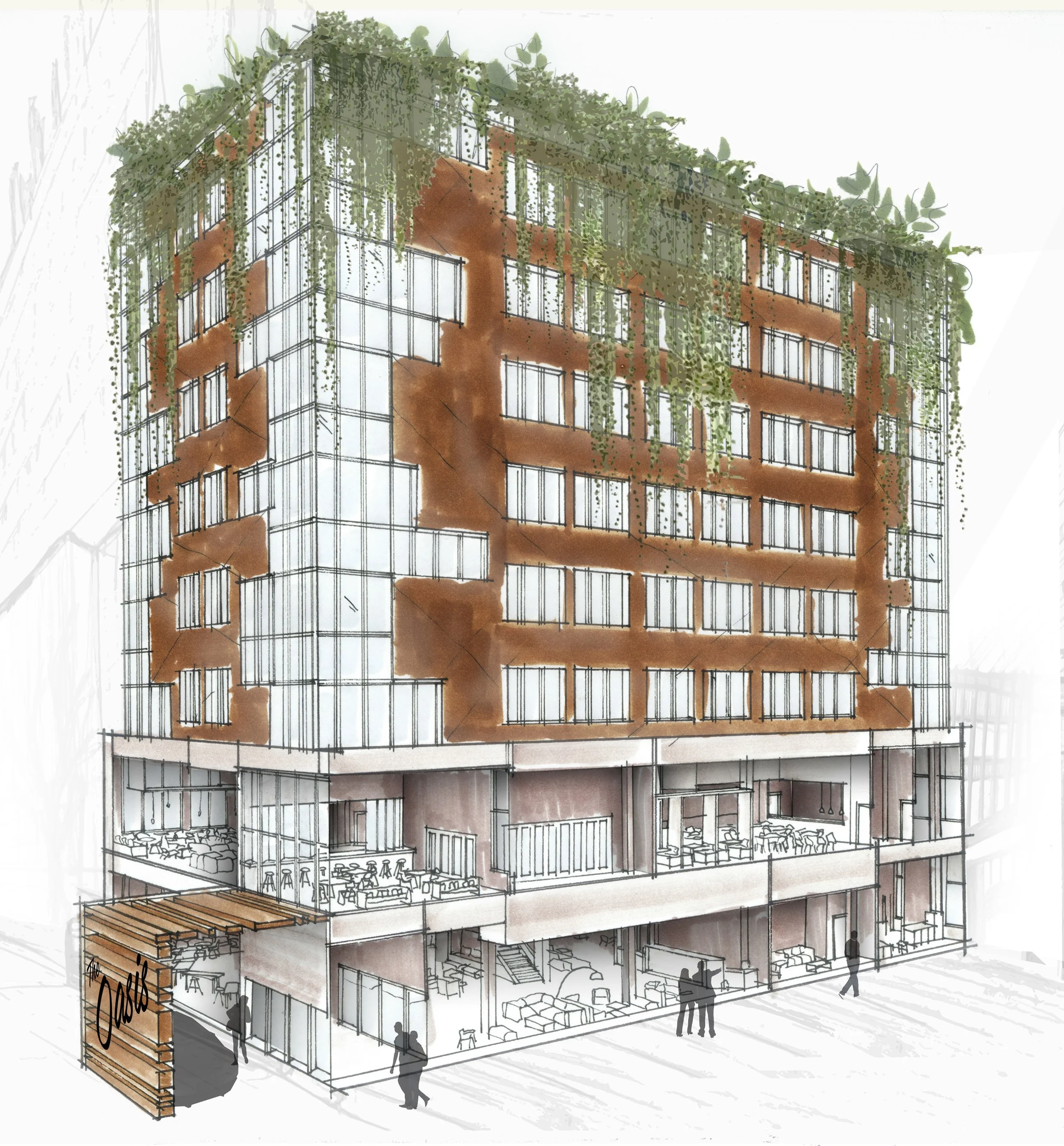  Section perspective of hotel exterior. 