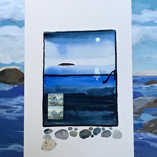 Through a window seascape. Sample created for my online art classes. It&rsquo;s going to be a very different Summer. This reminds me of Summers past, water and light and the infinite variety of perfect pebbles on the beach. The window provides a grea