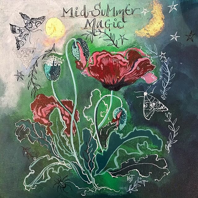 Midsummer Magic. Because these days are just so beautiful. Mixed media, including gold leaf, on canvas panel. 10 x 10&rdquo;. #hazeljarvisstudio #midsummer. #summerismyfavorite #poppies #midsummermagic #midsummernightsdream #mixedmedia #sunandmoon.