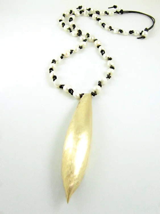 Brass Pod with Knotted Pearls on Leather