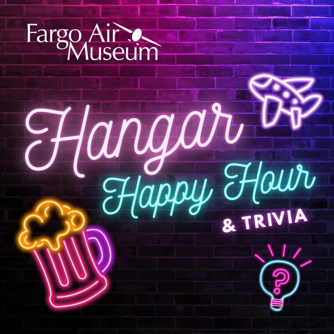 Unwind after hours at Hangar Happy Hour! 🍻✈️ Join us in the hangar for an evening of casual fun surrounded by aircraft and aviation history. 

Learn more at fargoairmuseum.org 👈