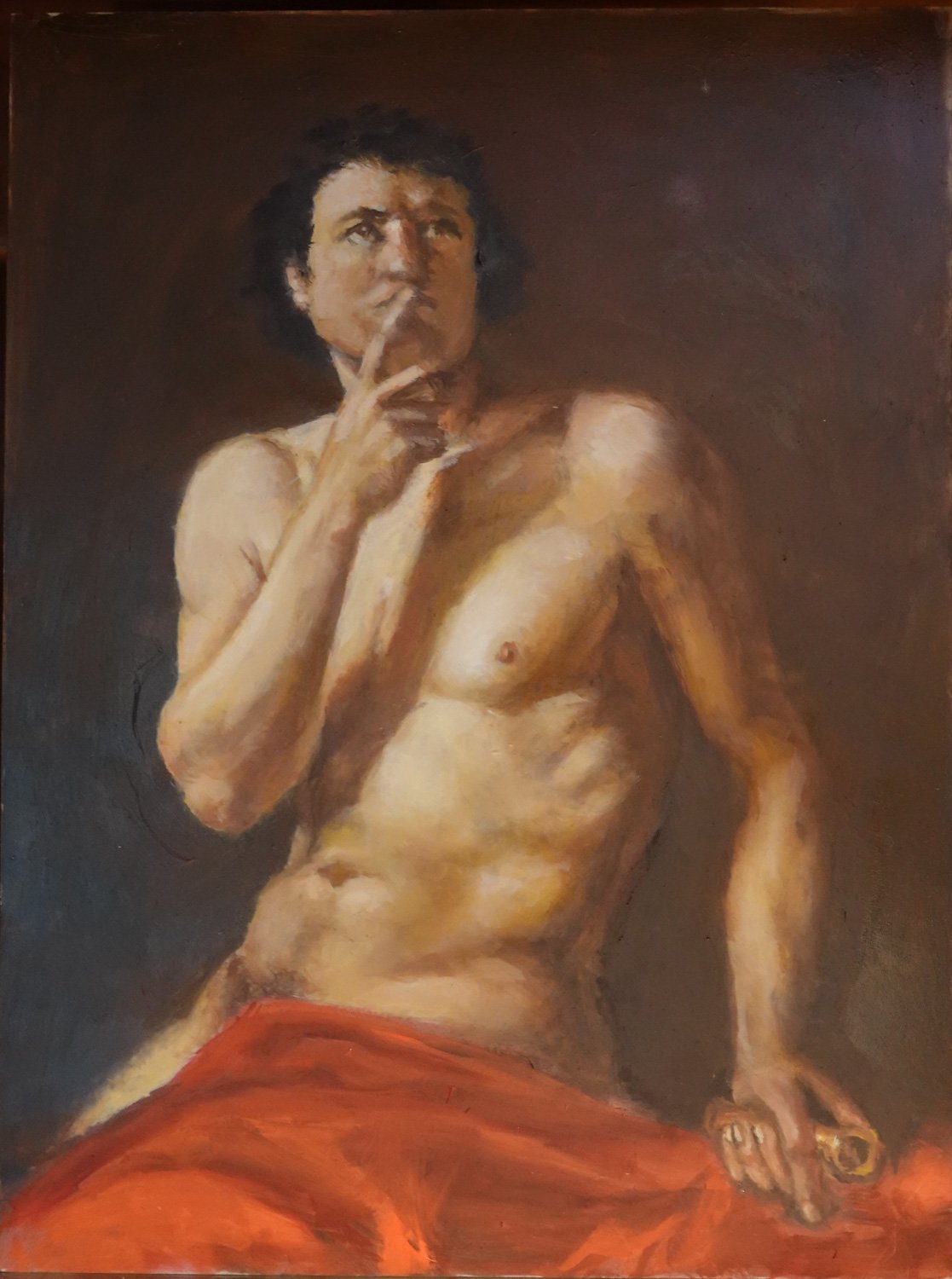 Male Nude, Finger to Lips, Orange Cloth