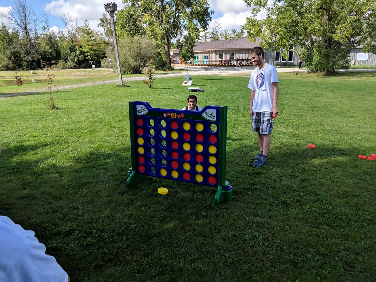 Dhruv and Thomas in an epic battle of giant connect 4