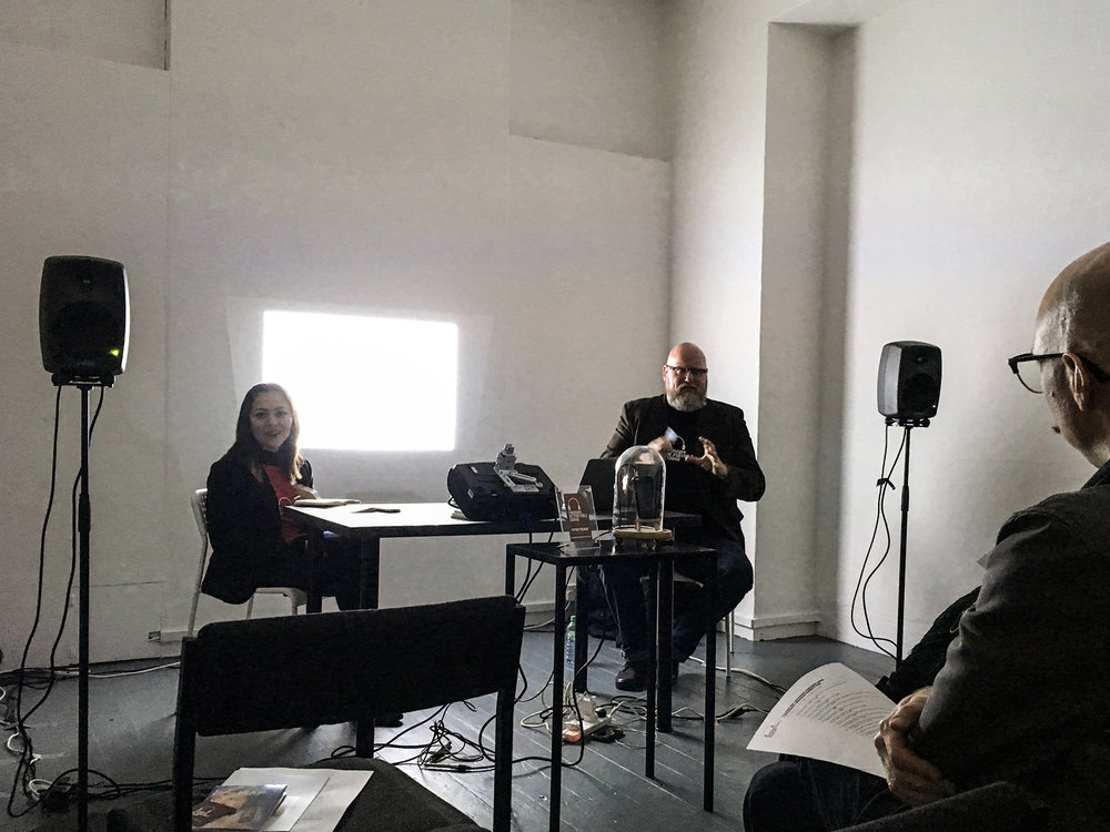 Curator Cristina Sousa Martínez (left) & Director John Kannenberg take questions from the audience at the Museum's Grand Re-Opening event and private view at Chalton Gallery, King's Cross, Nov. 2016.