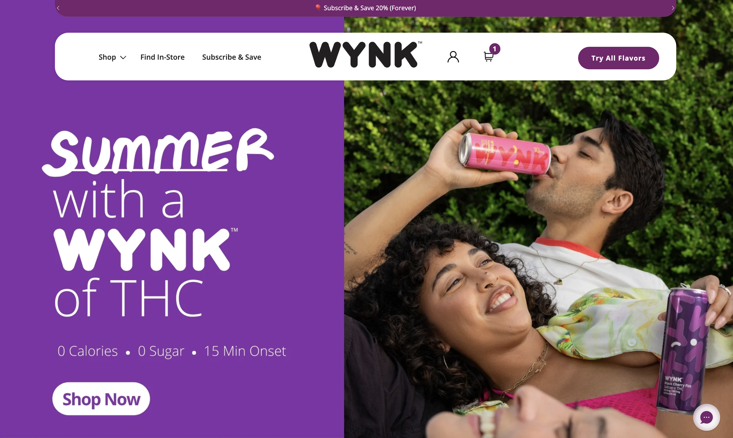 summer with a wynk homepage - white text on purple with image of people drinking wynks
