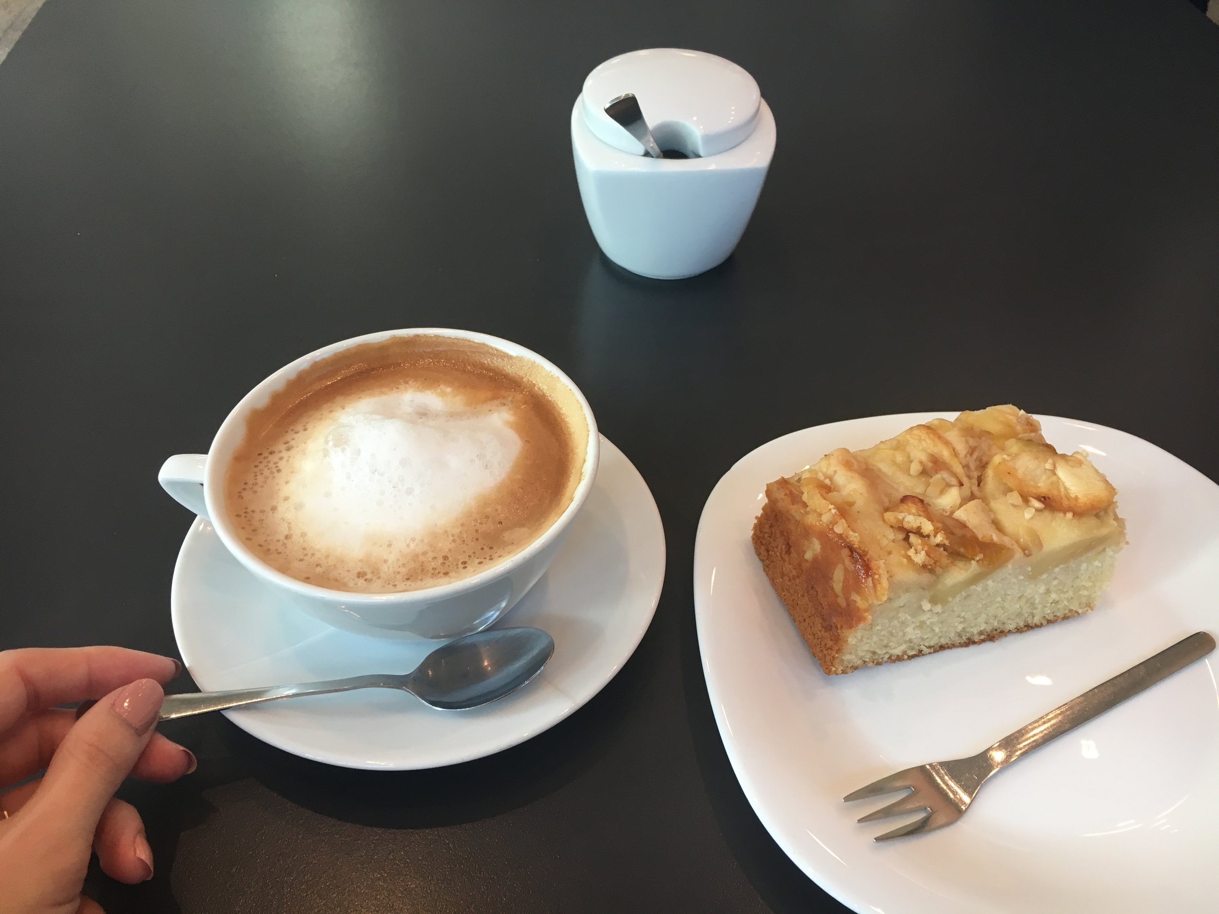 Scrumptious extra hot latte and Apfelkuchen or Apple Cake!