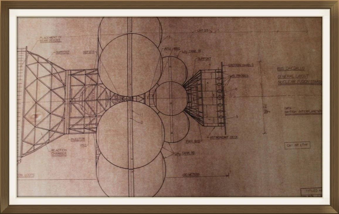 "Project&nbsp;Daedalus", by Rick Sternbach, original art work, Space art/engineering.Drawn for Carl Sagan and 'Cosmos' TV series. Sepier paper.