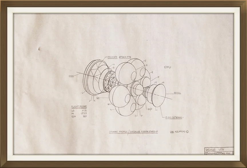 "Project Daedalus", by Rick Sternbach, original art work, Space art/engineering.Drawn for Carl Sagan and 'Cosmos' TV series. &nbsp;Sepier paper.