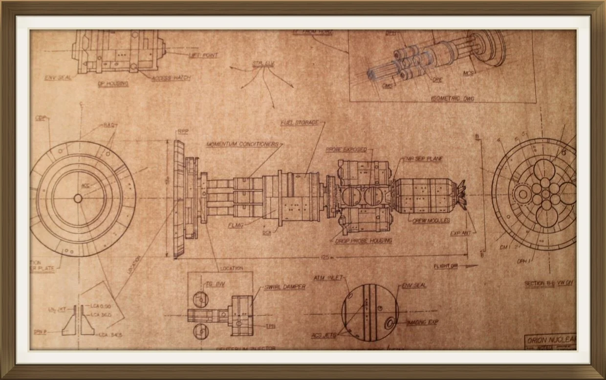 "Project&nbsp;Orion", by Rick Sternbach, original art work, Space art/engineering.Drawn for Carl Sagan and 'Cosmos' TV series. Sepier paper.