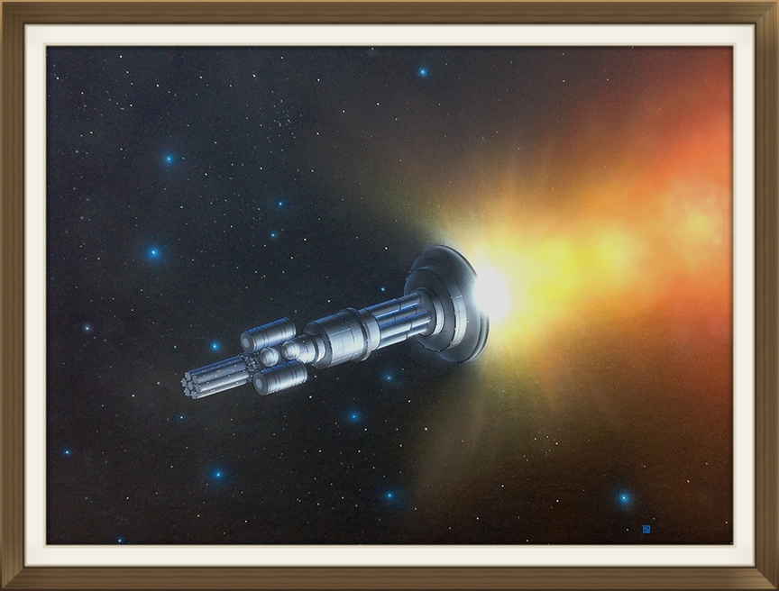 " Project Orion ", by Rick Sternbach, original art work, Space art/engineering. Painted for Carl Sagan and 'Cosmos' TV series.