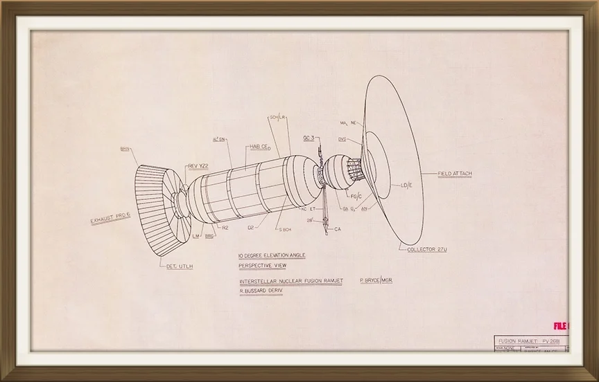 " Bussard Interstellar ramjet ", by Rick Sternbach, original art work, Space art/engineering. Drawn for Carl Sagan and 'Cosmos' TV series. Sepier paper.