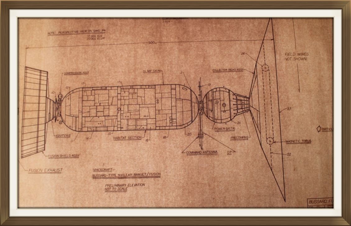 "Bussard Interstellar Ramjet", by Rick Sternbach, original art work, Space art/engineering.Drawn for Carl Sagan and 'Cosmos' TV series. Sepier paper.&nbsp;
