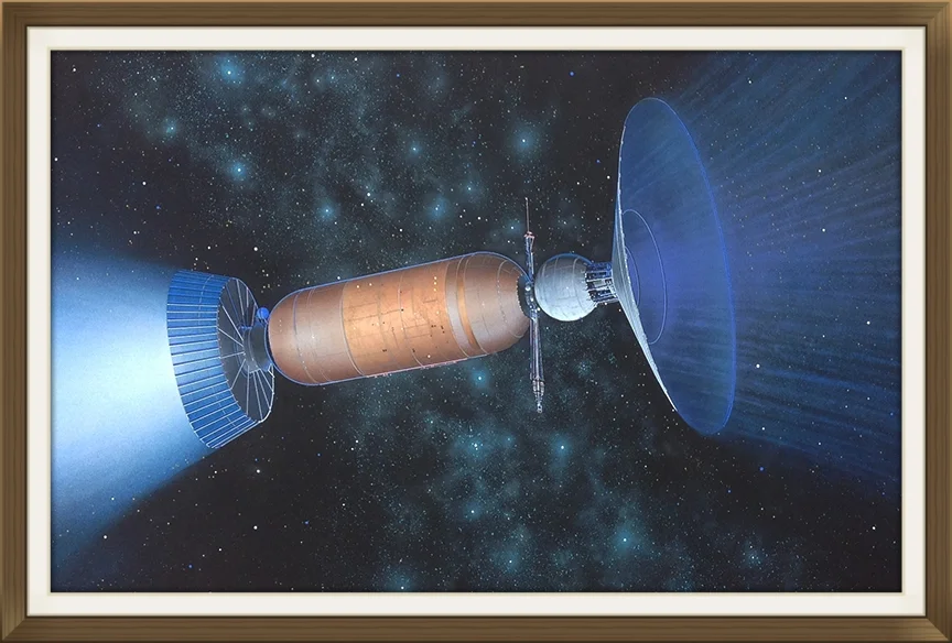 "Bussard Interstellar ramjet", by Rick Sternbach, original art work, Space art/engineering.Painted for Carl Sagan and 'Cosmos' TV series. 